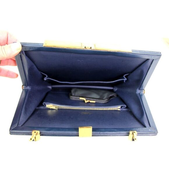 VINTAGE J. W Robinson & Co LA NAVY BLUE LEATHER FRAME HANDBAG SATCHEL POCKETBOOK - Picture 9 of 16